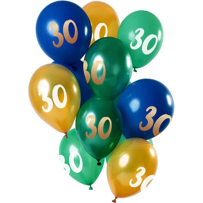 30th Birthday Balloons Green, Blue and Gold 12x - 33 cm