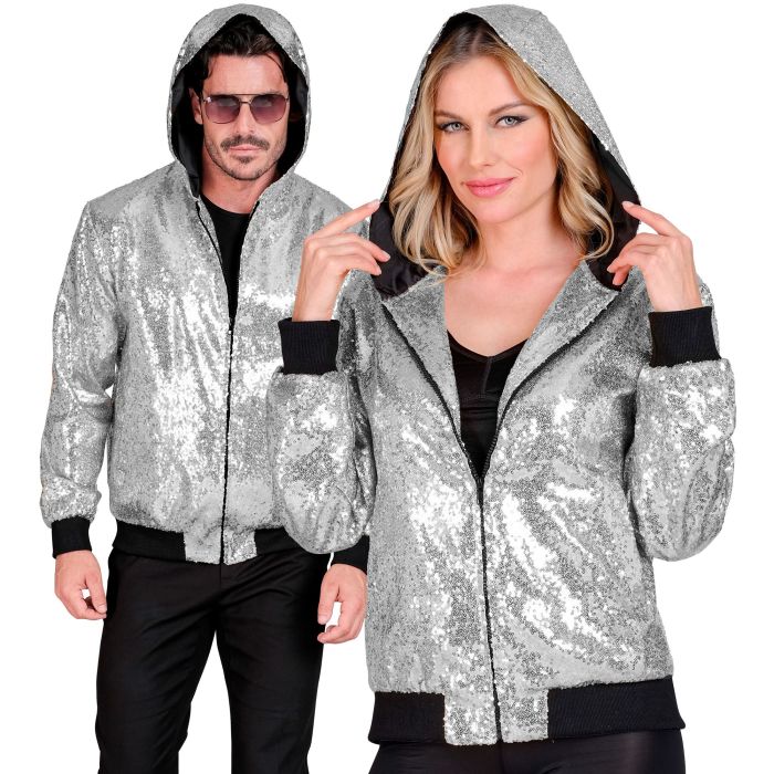 Silver sequin bomber jacket with hood