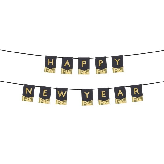 Black New Year's garland with gold lettering and fringes - 135x16.5 cm