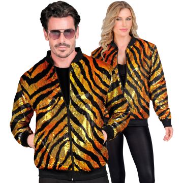 Sequin Bomber Jacket with Tiger Print in Orange