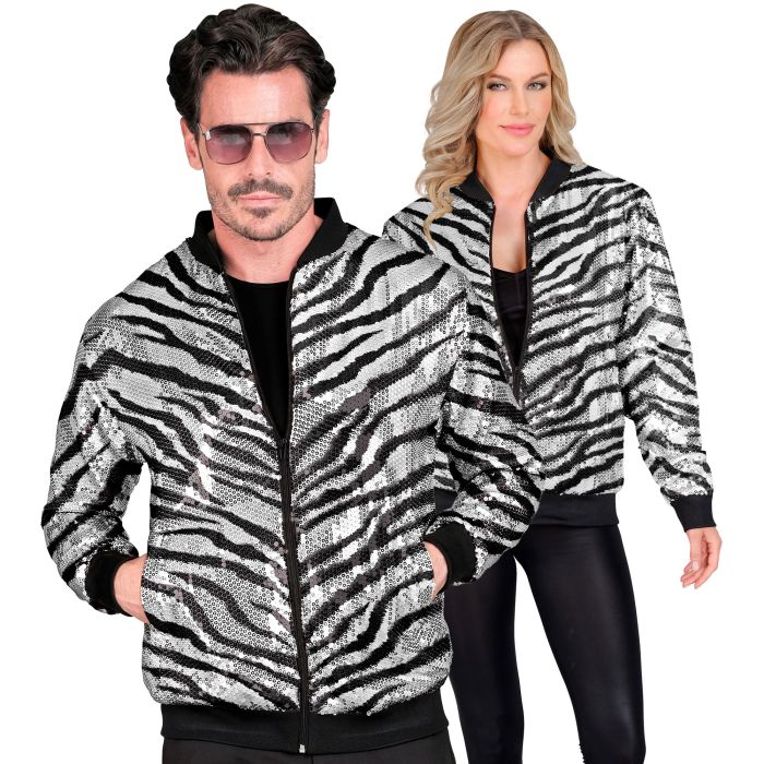 Silver Zebra Print Sequin Bomber Jacket