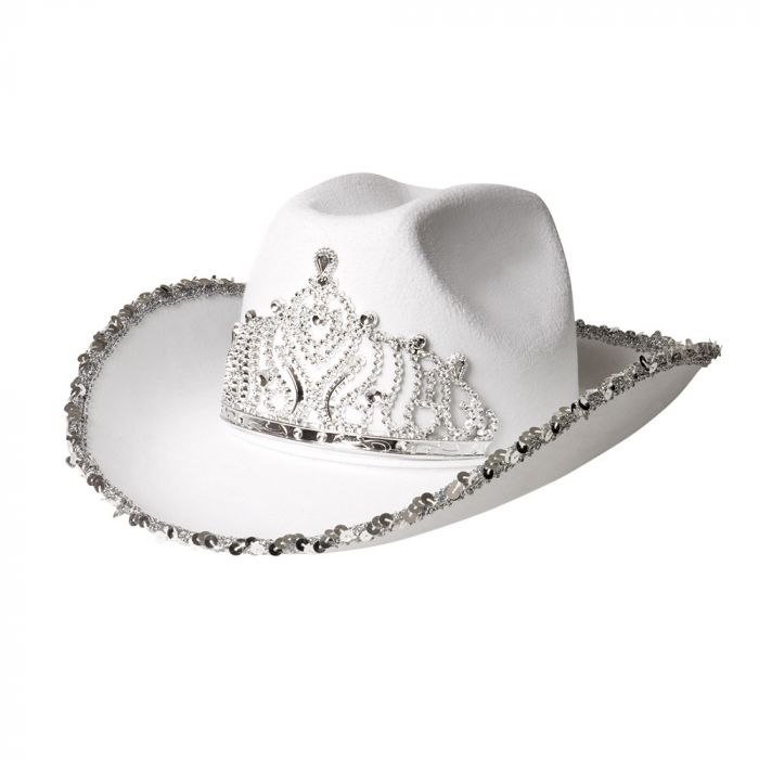 White sparkling cowboy hat with glittering tiara 