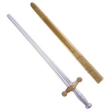 Silver coloured knight sword with gold coloured sheath - 75 cm