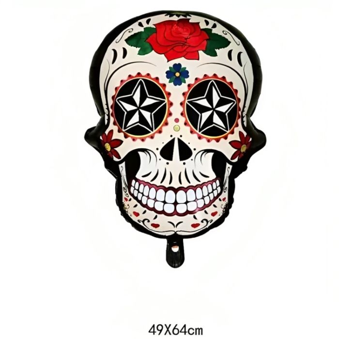 Inflatable Day of the Dead skull with red rose motif