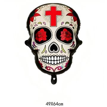 Inflatable Day of the Dead skull with red cross motif