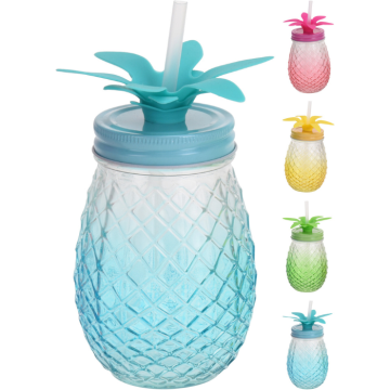 Pineapple-shaped glass with lid and straw 400ml assorted.