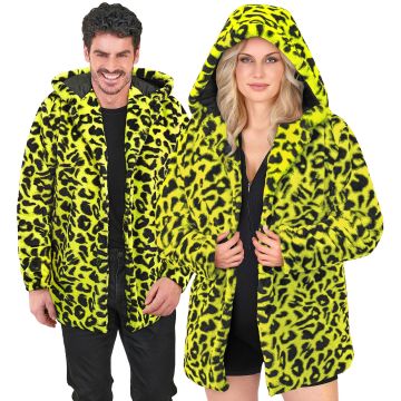 Neon Yellow Leopard Print Hooded Party Coat