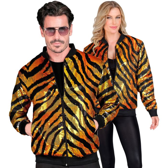 Sequin Bomber Jacket with Tiger Print in Orange
