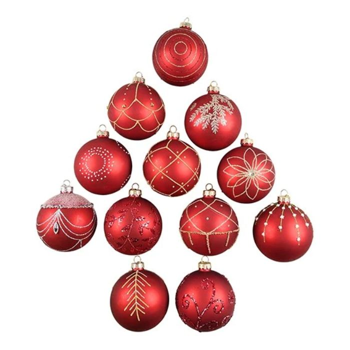 Christmas baubles with glitter in red assort.
