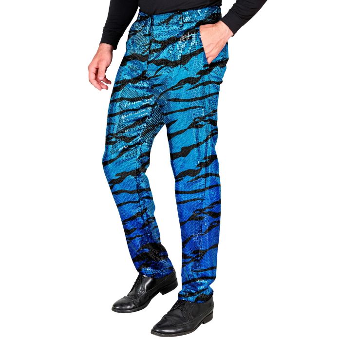 Men's Sequined Trousers with Wave Pattern in Turquoise Blue