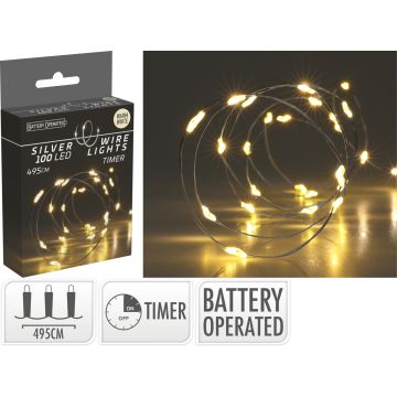 LED Light Chain on Silver Wire with 100 Micro Lights