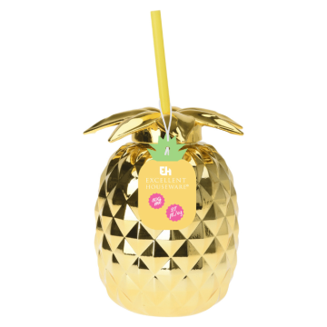 Gold pineapple shaped cocktail glass with straw - 750 ml