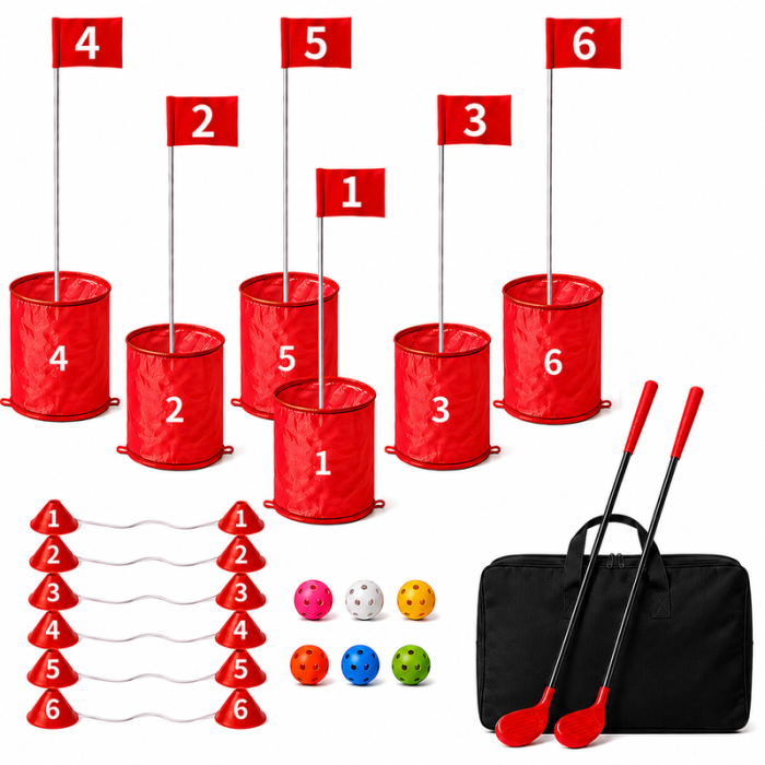 Golf bucket with clubs & 6-hole golf course set