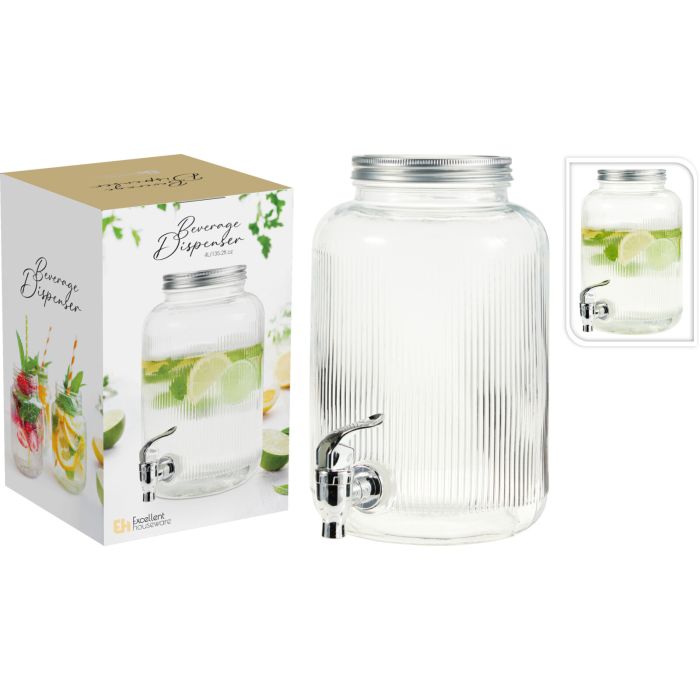 Ribbed Glass Drinks Dispenser with Tap, 4 Litres