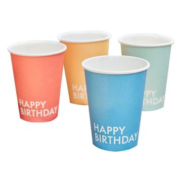 Happy birthday paper cups 8x in various colours - 265ml