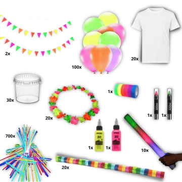 UV neon party pack incl. paint, decorations, t-shirts etc.