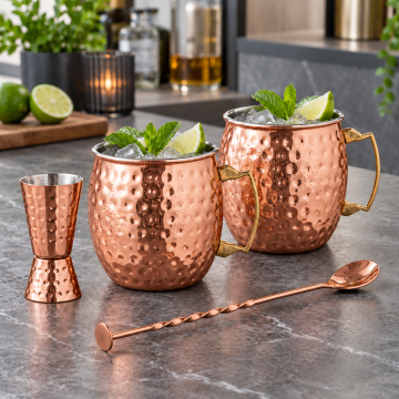 Moscow Mule cocktail set with 2 mugs, 4 pieces, copper colour