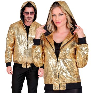 Gold sequinned bomber jacket with hood