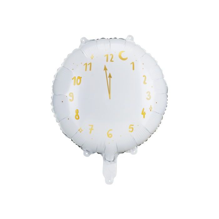 White round clock foil balloon with gold hands and numbers - 45 cm