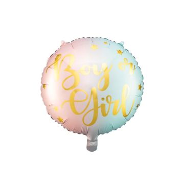 Pink and blue pastel coloured gender reveal foil balloon with gold writing - 35 cm
