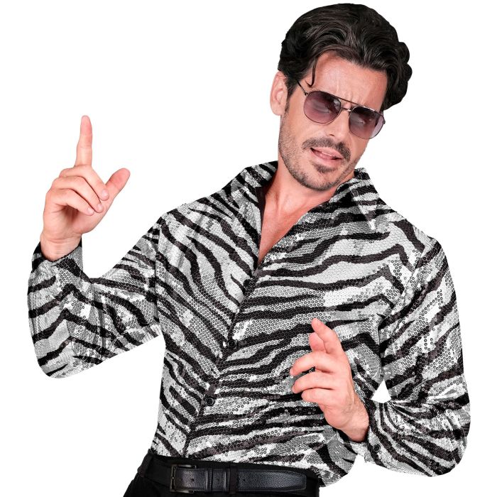 Silver Sequin Shirt with Zebra Pattern for Men