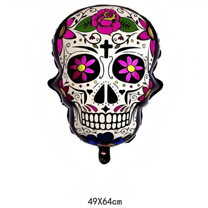 Inflatable Day of the Dead skull with pink rose design