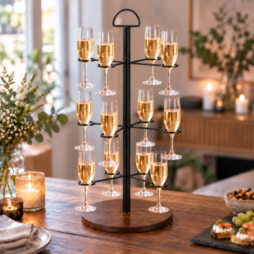 Cocktail Tree for 12 Glasses in Black Iron with Wooden Base