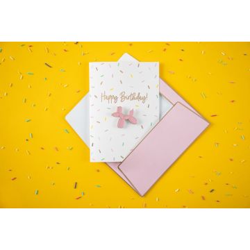 White birthday card with balloon dog and confetti motifs with envelope - 14.8x10.5 cm