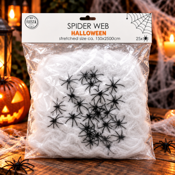 White Spider Web 500 g with Spiders - 1.5x25 metres