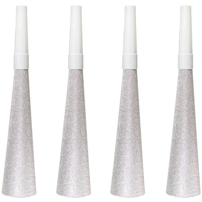 Silver glitter party horns 4x - 19 cm