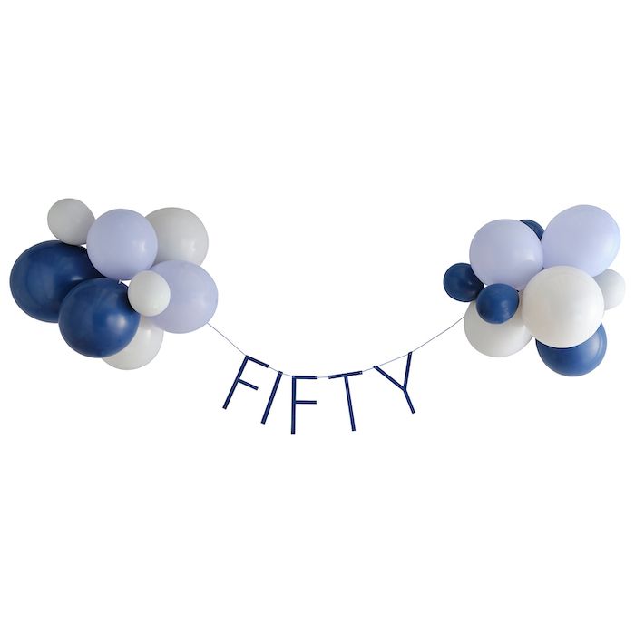 50th birthday garland including blue balloons