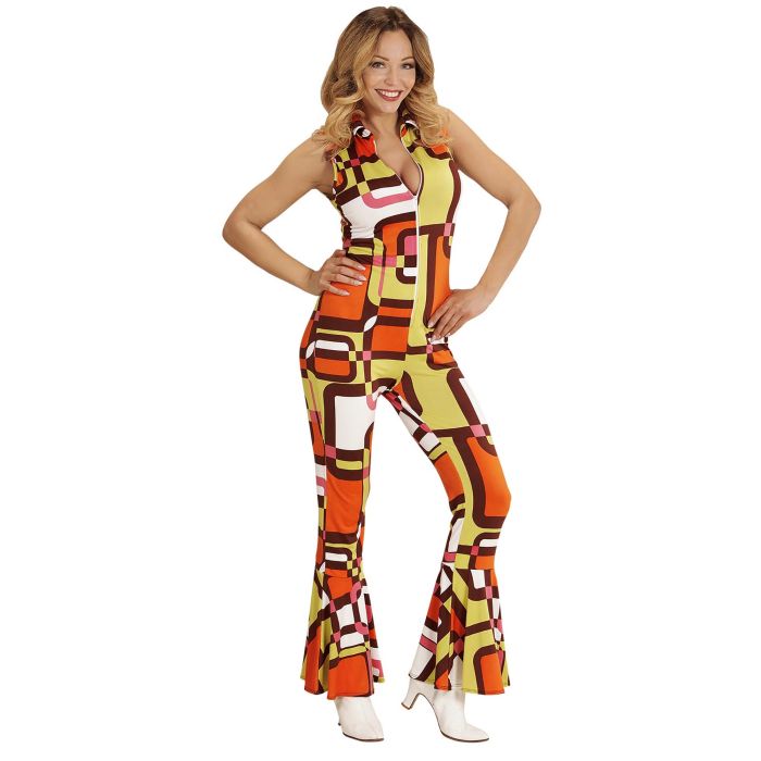 70's disco jumpsuit in orange with block pattern