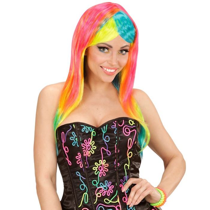 Rainbow Coloured Neon Wig with Fringe