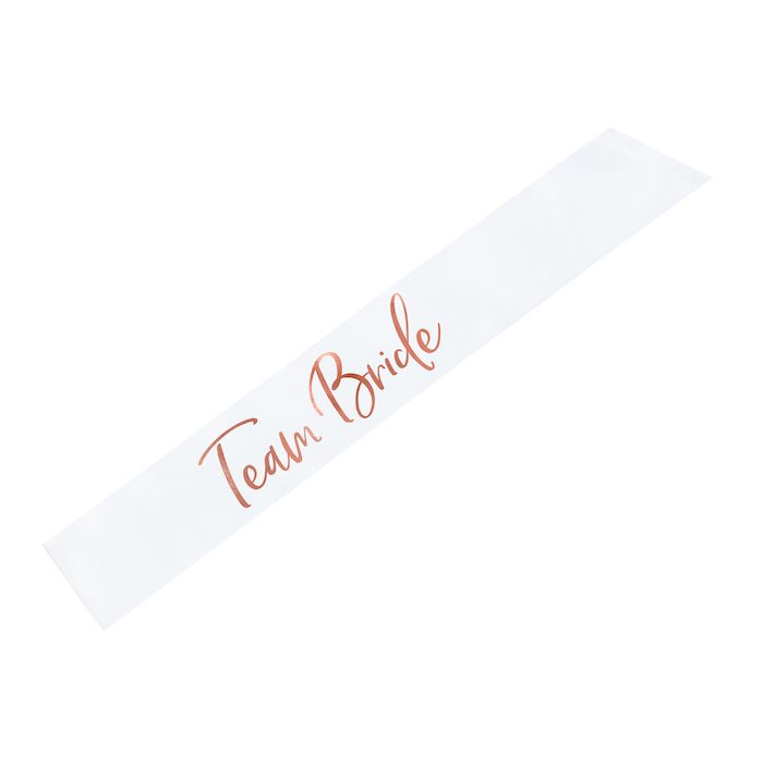 White Team Bride Sash with Rose Gold Writing - 75 cm