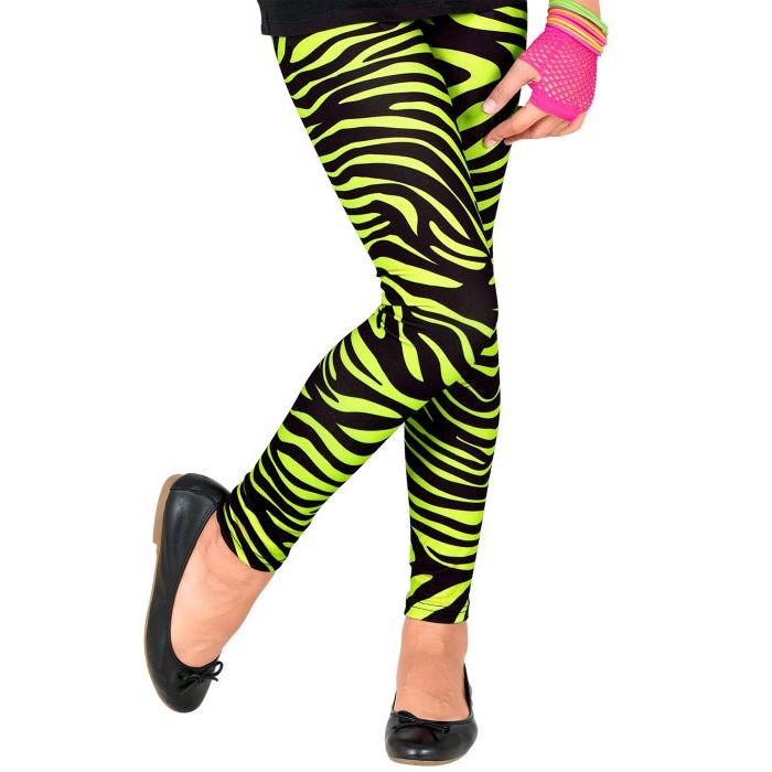 Neon green 80s children's leggings with zebra pattern