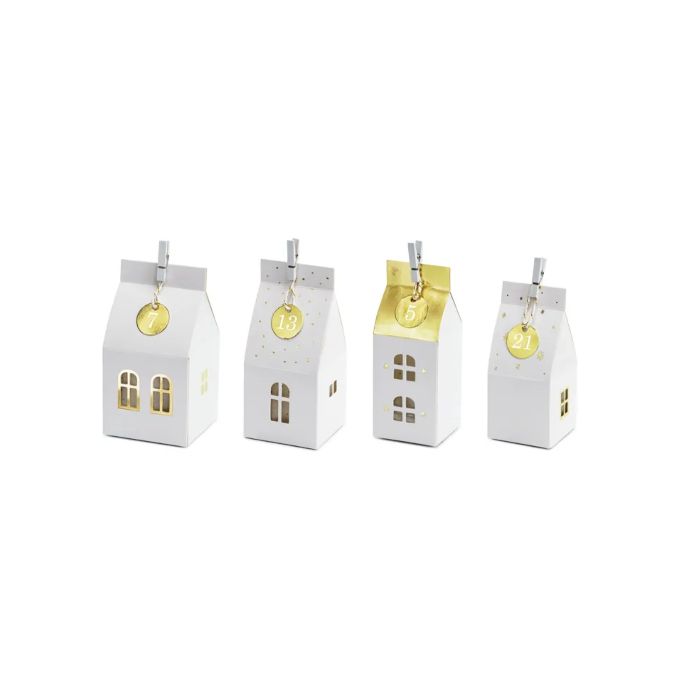 Advent calendar paper houses white with gold 6x13.5x6