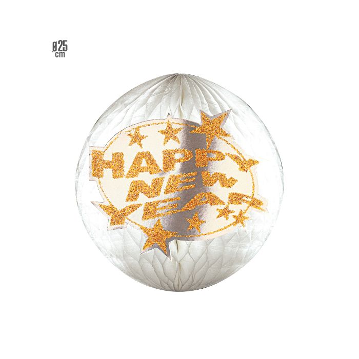 Honeycomb paper ball glitter silver with gold happy new year 25 cm 
