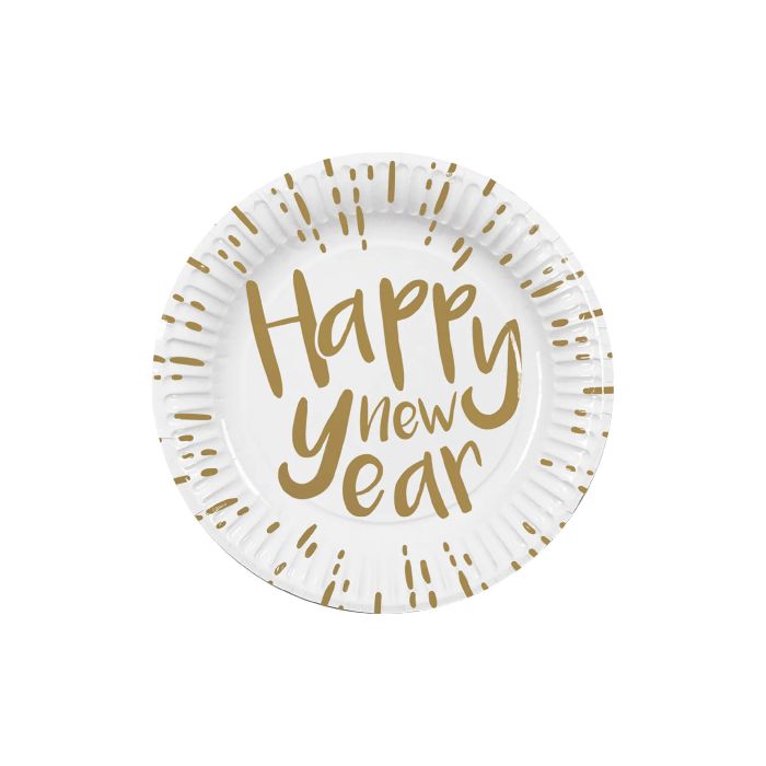 White happy new year paper plates 10x - 23 cm
