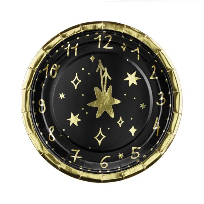 Disposable plates New Year's at 12 o'clock black 6x - 18cm