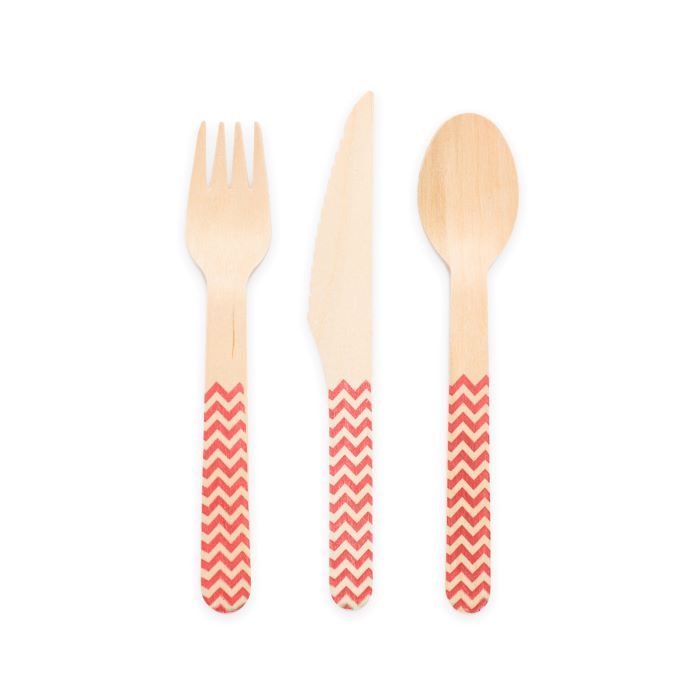 Wooden Cutlery Red Patterned - 18 Pieces