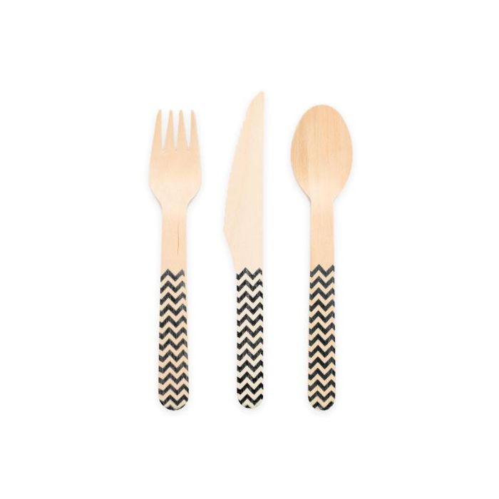 Wooden cutlery black patterned 18 pieces - 16 cm