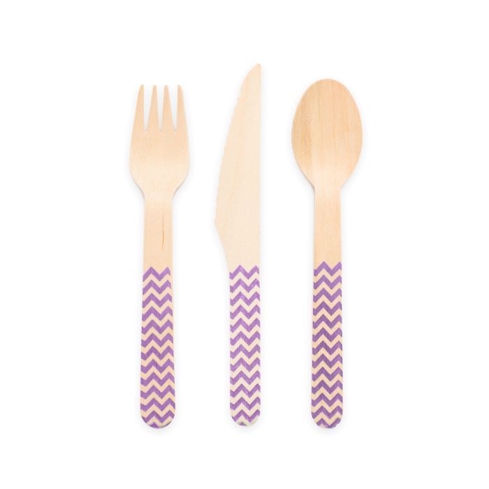 Wooden cutlery purple patterned 18 pieces - 16 cm
