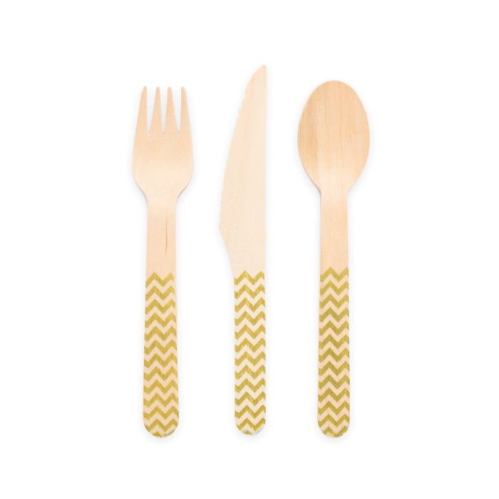 Gold patterned wooden cutlery 18 pieces - 16 cm