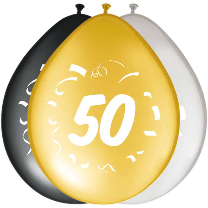 50th Birthday Balloons in Black, Gold and Silver 8x - 30 cm