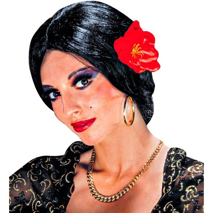 Black wig with red flower