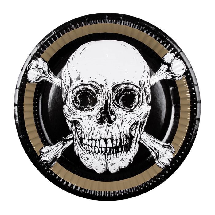 Pirate skull plates with gold edge 10x - Ø 23 cm