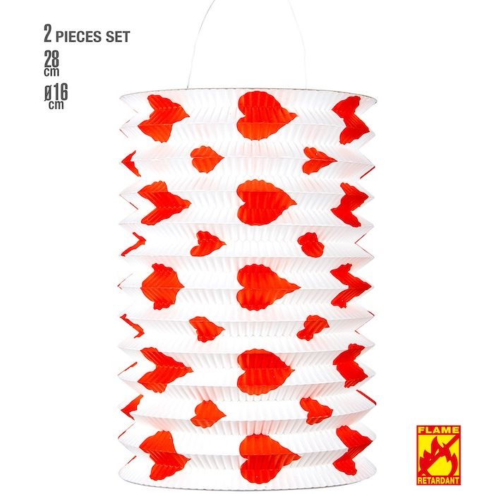 Red and white heart lantern 2x - 16 x 28 cm