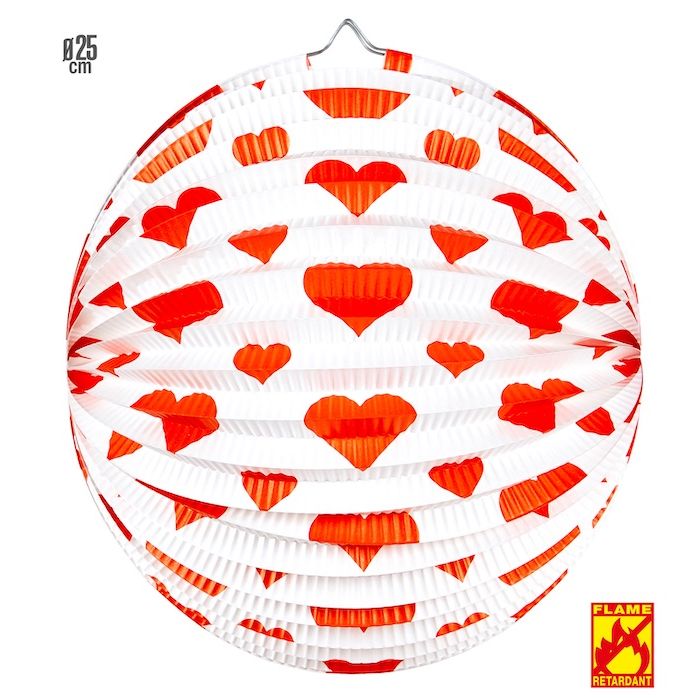 White and Red Heart Round Lantern - 25 cm