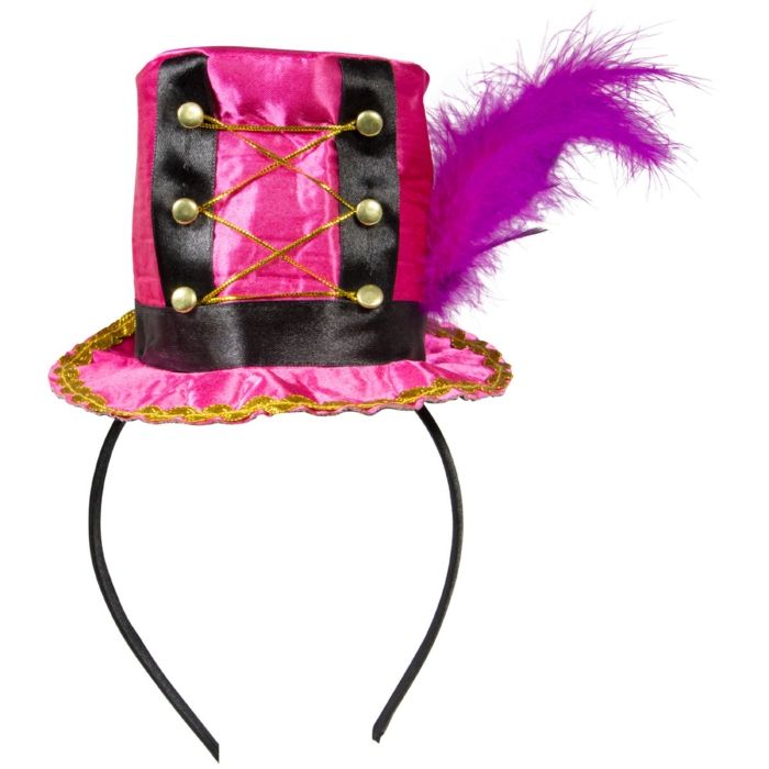 Pink circus hat with purple feathers