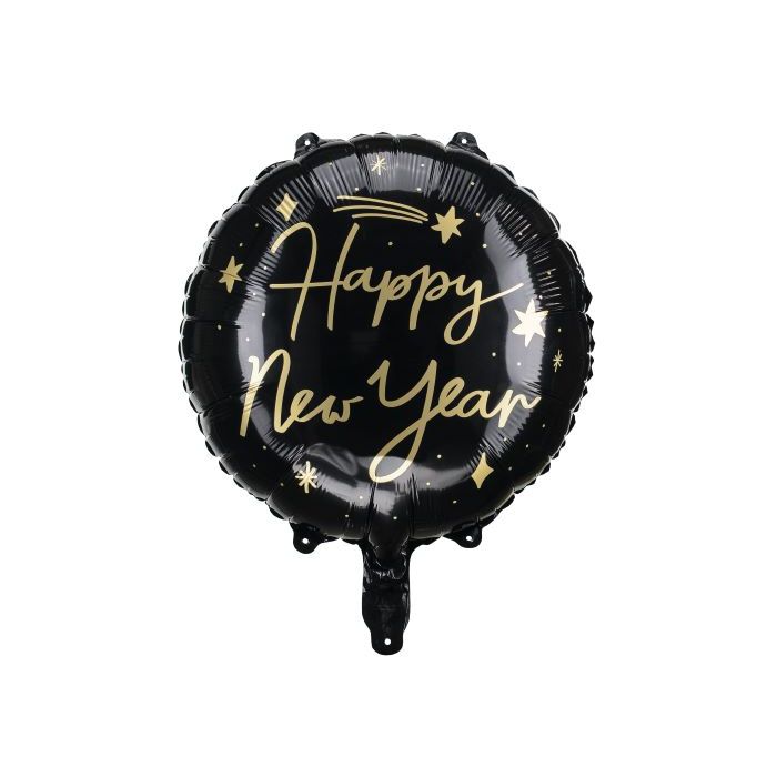 Black round New Year's foil balloon with gold stars and text - 45 cm